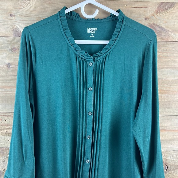 Lands End Womens Shirt 3/4 Sleee Button Up Jersey Ruffle Neck Pintuck Green XL - Picture 2 of 7